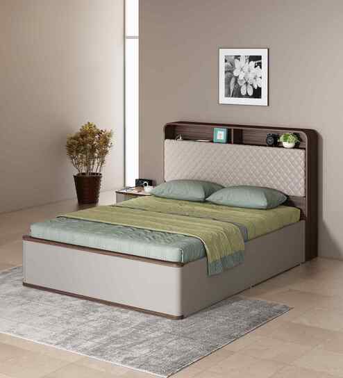 Desire Queen Size Bed With Headboard & Hydraulic Storage In Sahara Beige & Dark Brown Eucalyptus Finish