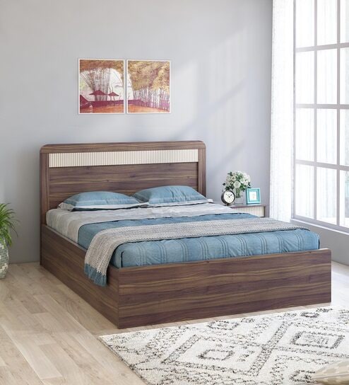 Kosmo Kia Queen Bed In Lyon Walnut Finish With Hydraulic Storage