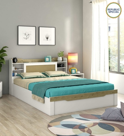 Kosmo Lilly  Queen Size Bed in Kingston White & Sebastian Oa Finish with Box Storage