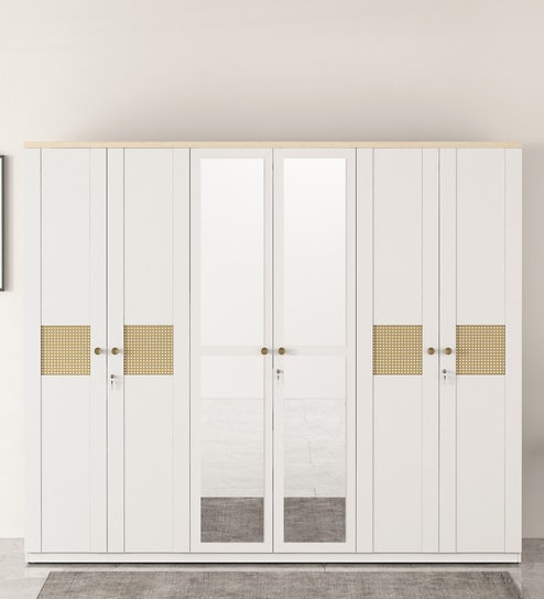 Kosmo Lilly 6 Door Wardrobe With Mirror In Kingston White & Sebastian Oak Finish With Locker & Drawer