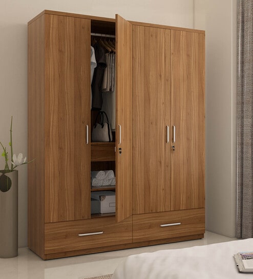 Kosmo Linden 4 Door Wardrobe In Natural Teak Finish With Locker & Drawer