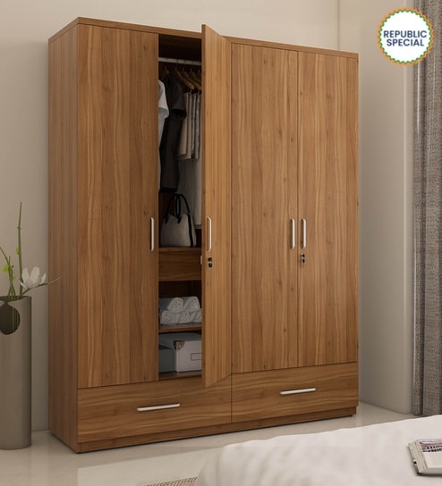 Kosmo Linden 4 Door Wardrobe In Natural Teak Finish With Locker & Drawer