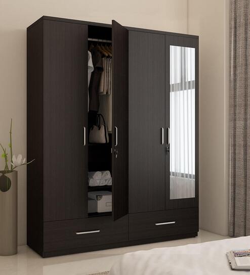 Kosmo Linden 4 Door Wardrobe With Mirror In Wenge Finish With Mirror With Locker & Drawer