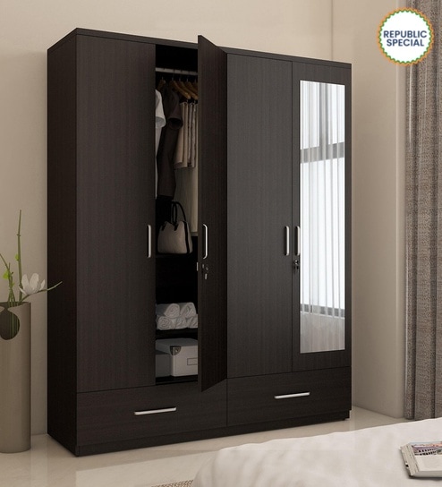 Kosmo Linden 4 Door Wardrobe With Mirror In Wenge Finish With Mirror With Locker & Drawer