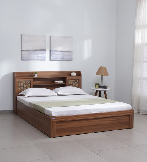 Kosmo Rayan King Size Bed in Natural Teak Finish with Hydraulic Storage