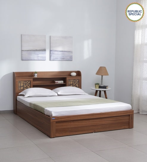 Kosmo Rayan Queen Size Bed in Natural Teak Finish with Hydraulic Storage