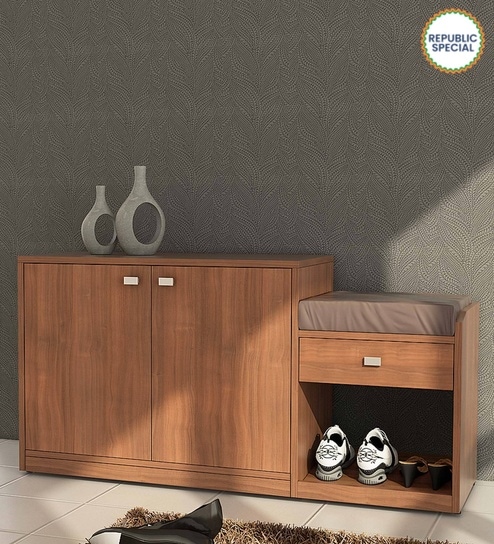 Kosmo Shoe Rack with Seating in Walnut Rigato Melamine Finish