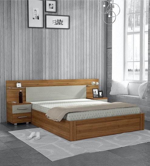 Buy Kosmo Vogue King Size Bed With Hydraulic Storage And Bed Side Tables By Spacewood Online Contemporary King Size Beds Beds Furniture Pepperfry Product