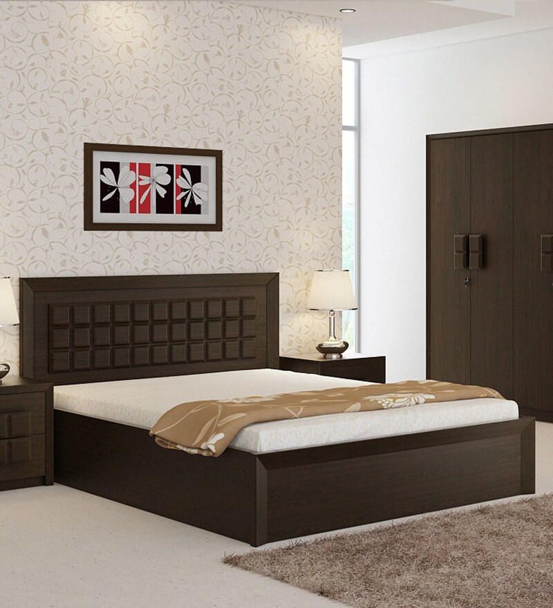 Buy Kosmo Choco Queen Size Bed with Storage in Vermont Finish by Spacewood Online Transitional