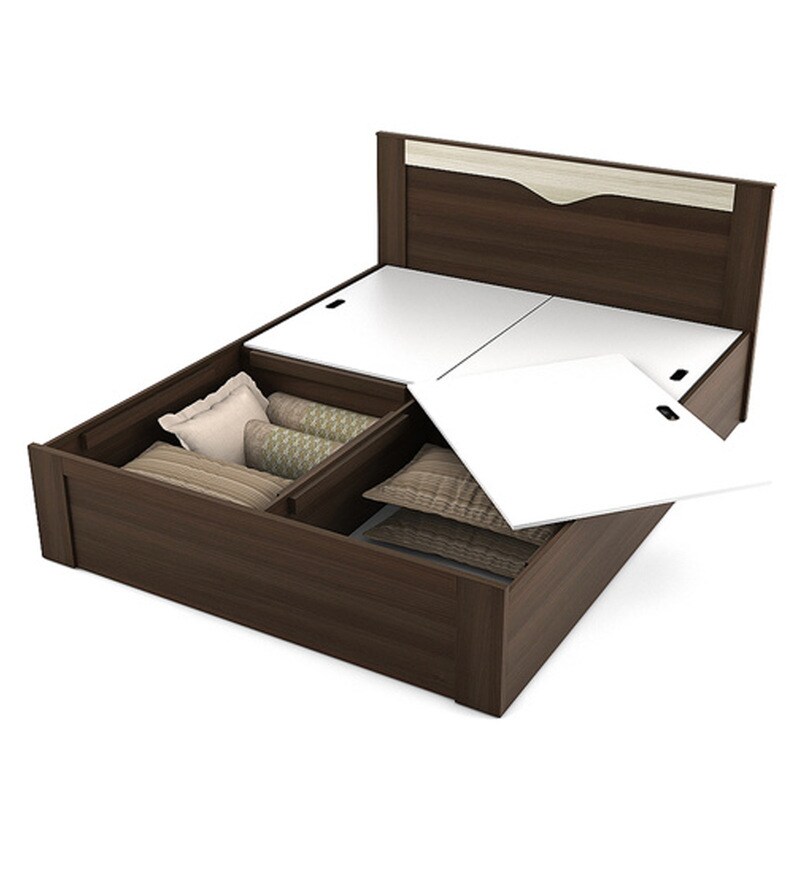 Buy Kosmo Crescent Queen Size Bed with Box Storage in Dark Acacia