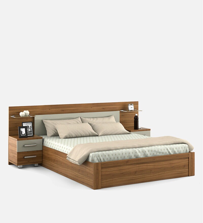 Buy Kosmo Vogue King size Bed with Hydraulic Storage & Bed side Tables Natural Teak by Spacewood ...
