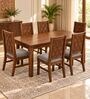 Kosha 6 Seater Dining Set In Provincial Teak Finish With Grey Colour Chair Kosha 6 Seater Dining Set In Provincial Teak Finish With Grey Colour Chair