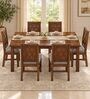 Kosha 6 Seater Dining Set In Provincial Teak Finish With Grey Colour Chair Kosha 6 Seater Dining Set In Provincial Teak Finish With Grey Colour Chair