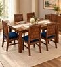 Kosha 6 Seater Dining Set In Provincial Teak Finish With Navy Blue Colour Chair Kosha 6 Seater Dining Set In Provincial Teak Finish With Navy Blue Colour Chair