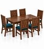 Kosha 6 Seater Dining Set In Provincial Teak Finish With Teal Green Colour Chair Kosha 6 Seater Dining Set In Provincial Teak Finish With Teal Green Colour Chair