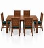 Kosha 6 Seater Dining Set In Provincial Teak Finish With Teal Green Colour Chair Kosha 6 Seater Dining Set In Provincial Teak Finish With Teal Green Colour Chair