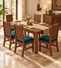 Kosha 6 Seater Dining Set In Provincial Teak Finish With Teal Green Colour Chair Kosha 6 Seater Dining Set In Provincial Teak Finish With Teal Green Colour Chair