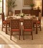 Kosha 6 Seater Dining Set In Provincial Teak Finish With Terracotta Orange Colour Chair Kosha 6 Seater Dining Set In Provincial Teak Finish With Terracotta Orange Colour Chair