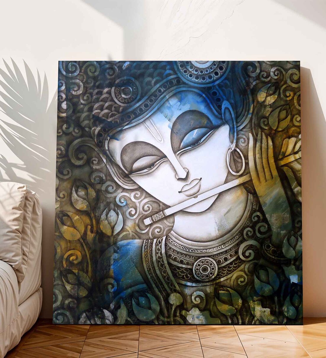 Buy 22 Inches Blue Krishna Canvas Stretched Wall Art Painting at