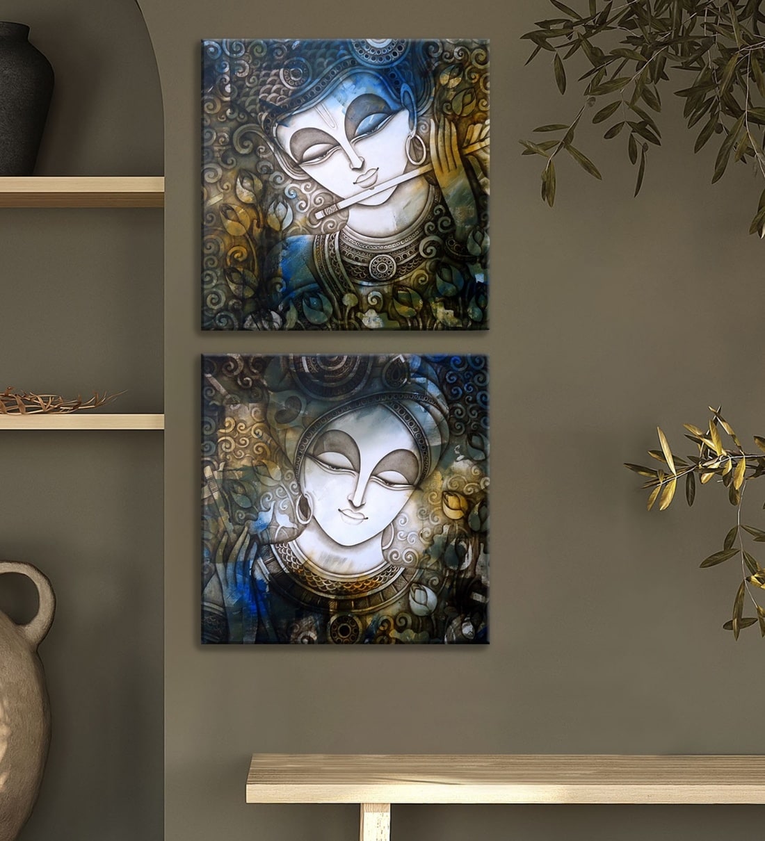 Buy Krishna Multicolour Synthetic Wood Framed Canvas Wall Painting at