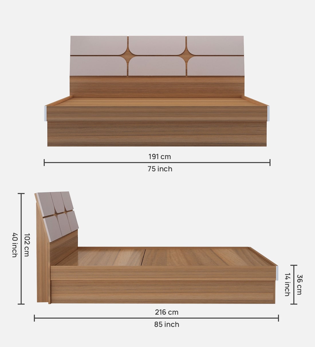 Buy Kruger King Size Bed in Teak Finish with Hydraulic Storage by Neudot Online Contemporary