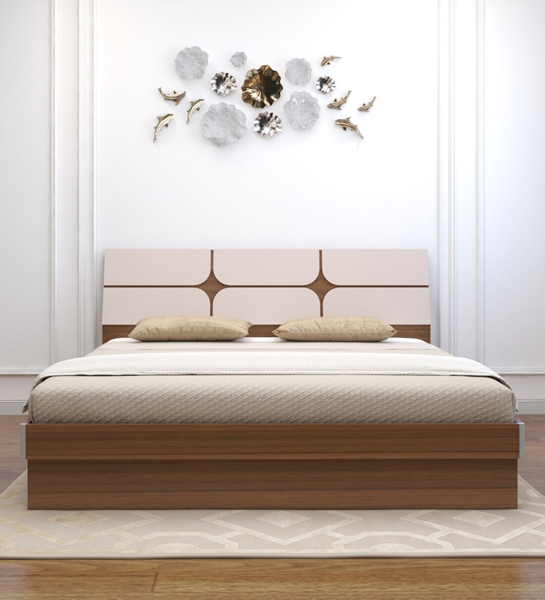Buy Kruger King Size Bed in Teak Finish with Hydraulic Storage by Neudot Online Contemporary