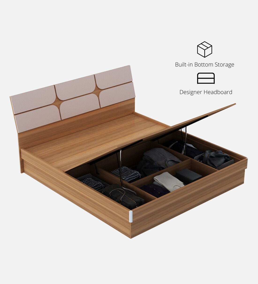 Buy Kruger King Size Bed in Teak Finish with Hydraulic Storage by Neudot Online Contemporary