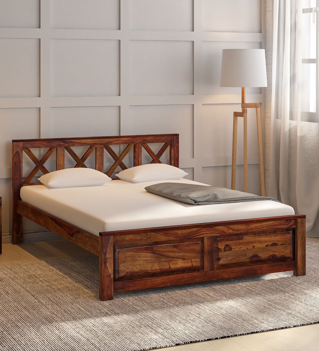Buy Kryss Sheesham Wood Queen Size Bed in Scratch Resistant Provincial Teak Finish at 18 OFF by