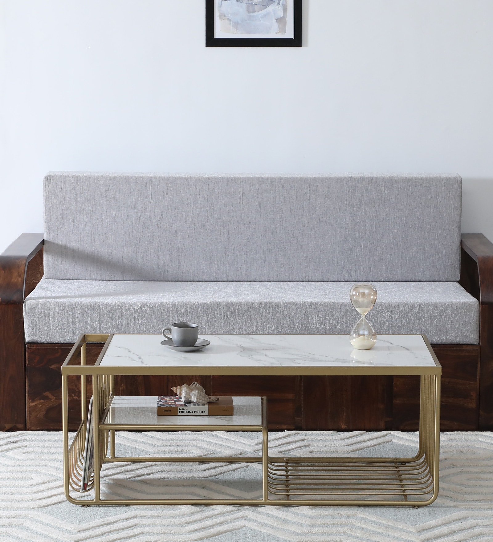 Krenz Metal Coffee Table In Brass Finish With Porcelain Top