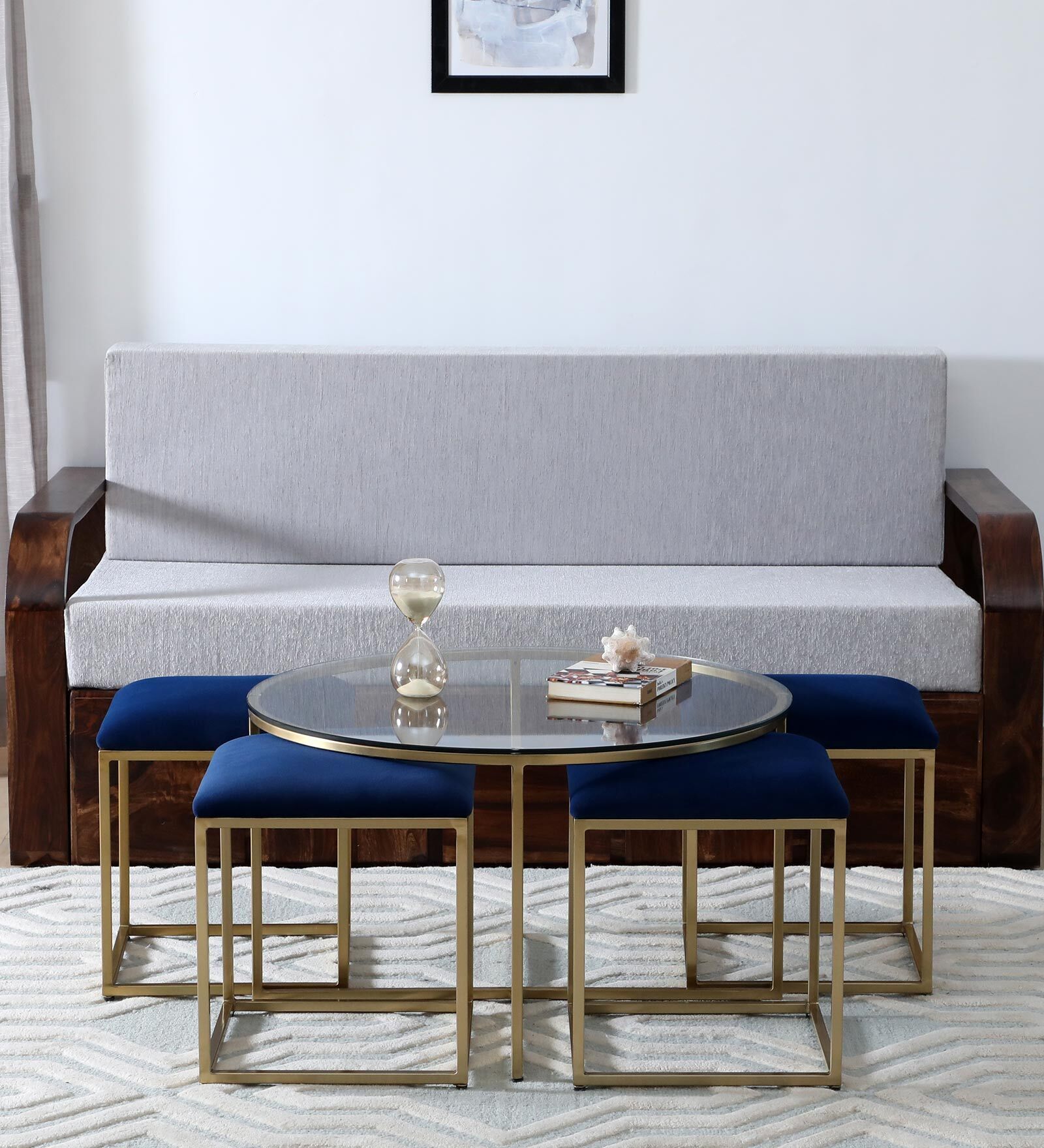 Krenz Metal Nesting Coffee Table Set In Brass Finish With Glass Top