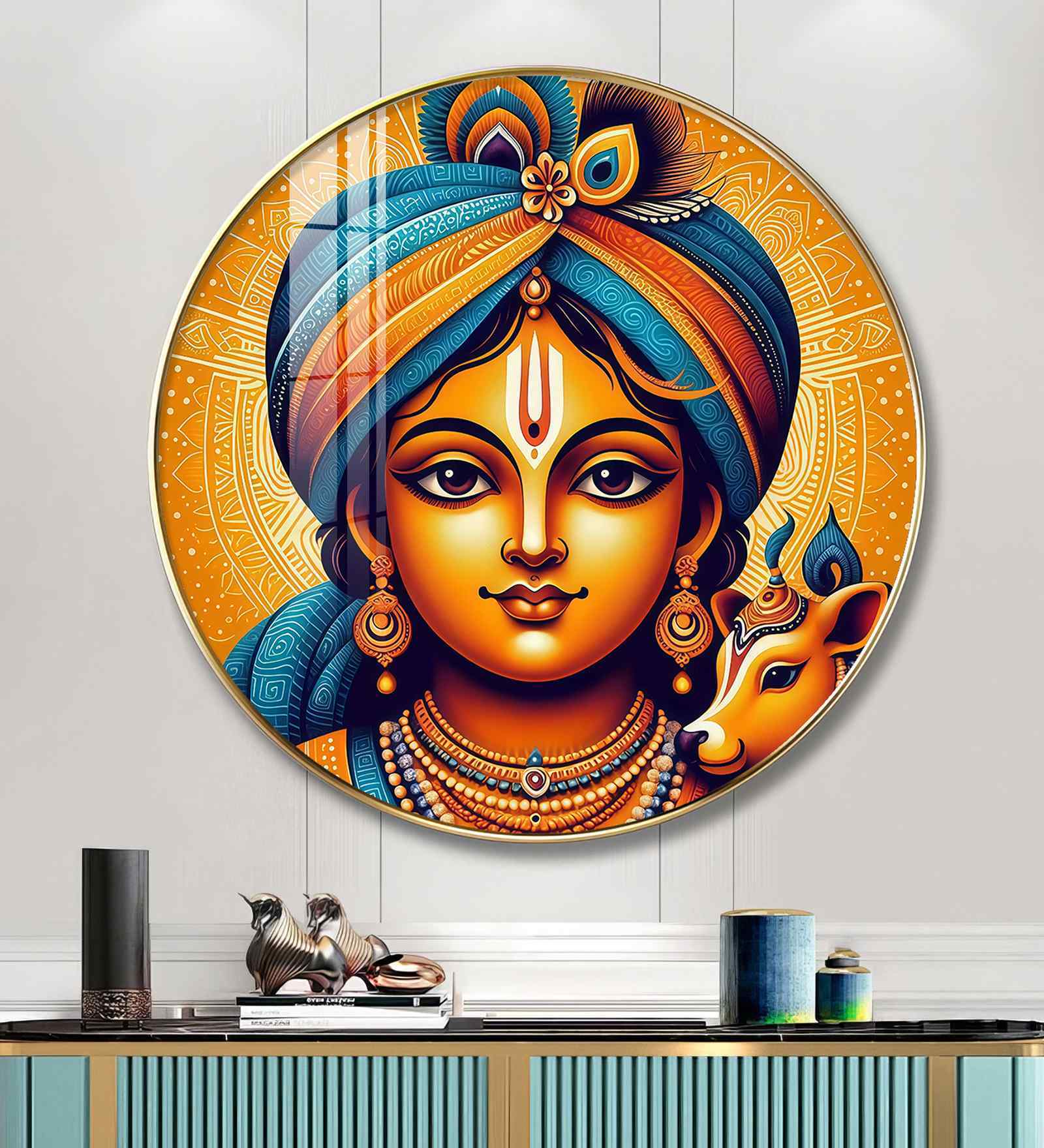 Krihna With Cow Acrylic Round Wall Art