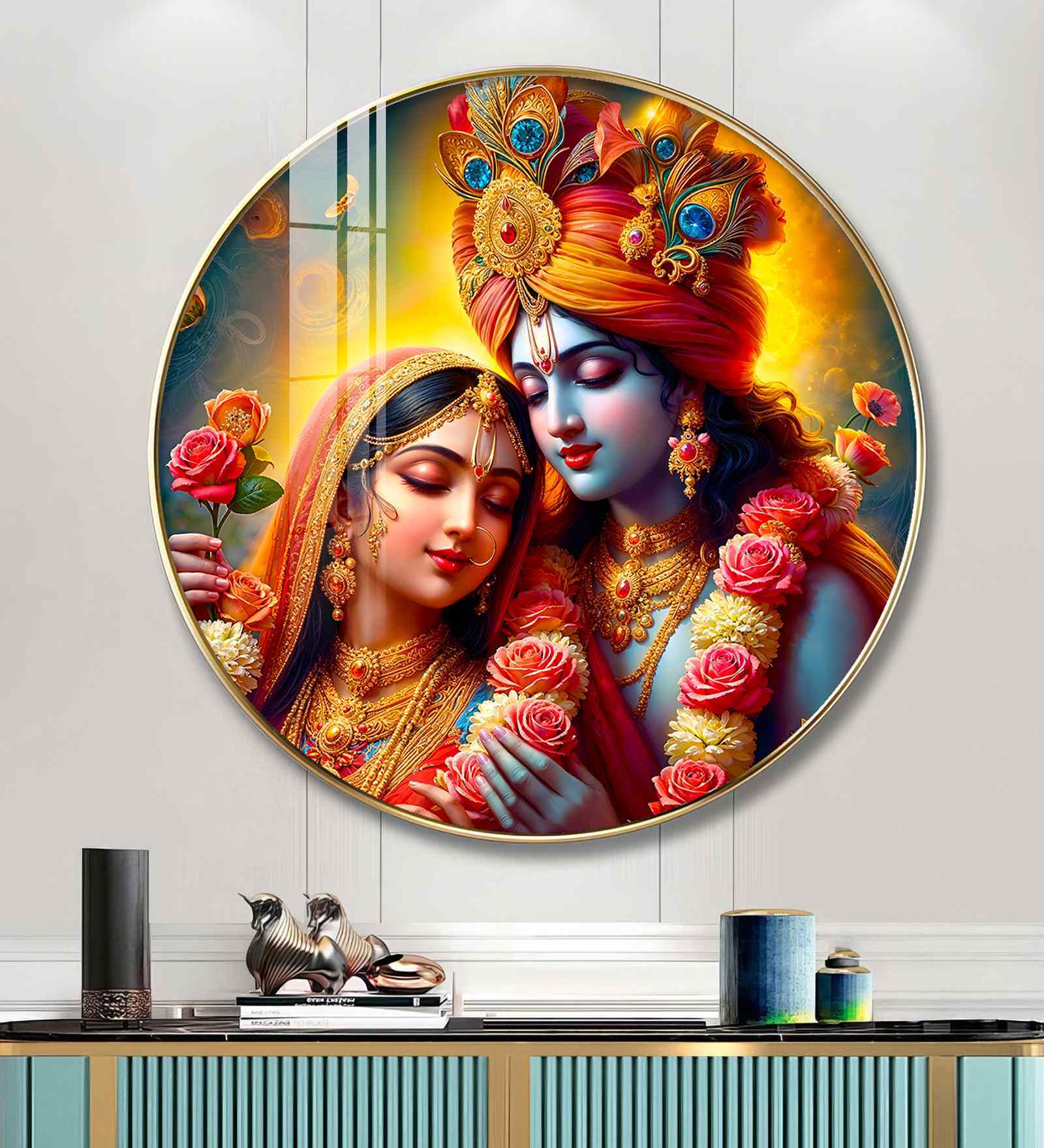 Krishna And Radha Bond Acrylic Round Wall Art