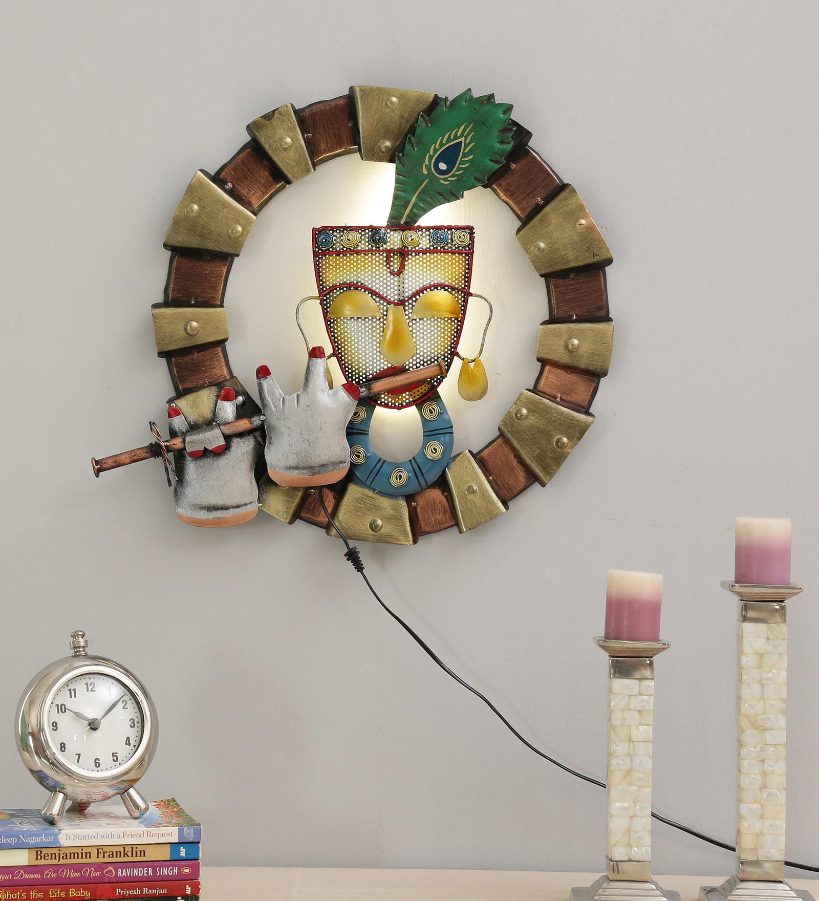 Iron Lord Krishna Wall Art With LED In Brown