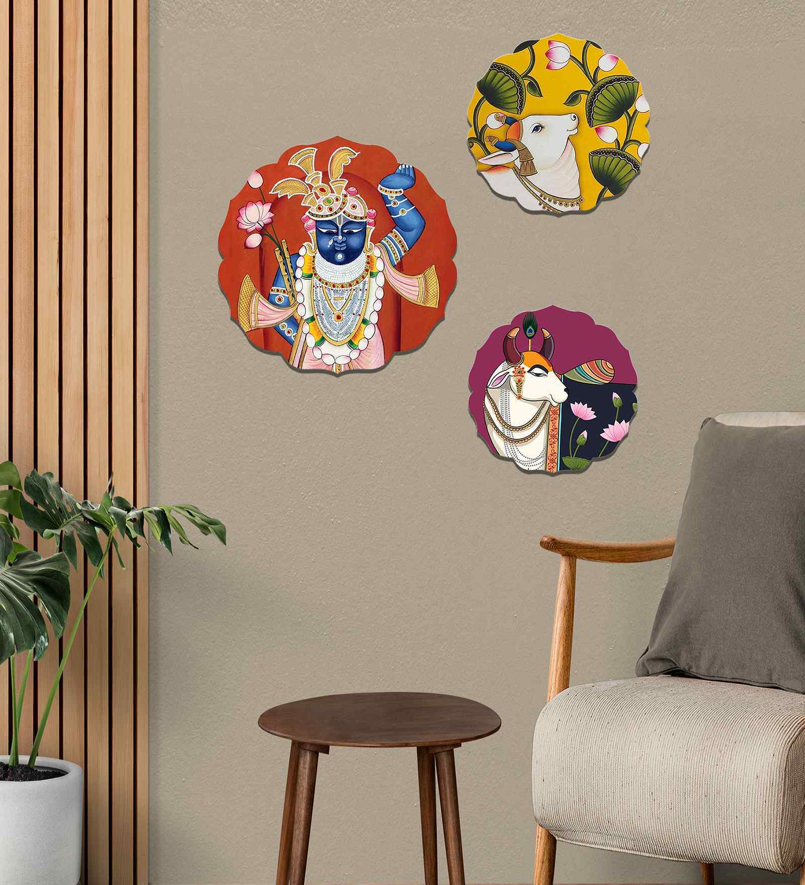 Set of 3  Krishna With Cow Spiritual Wooden Wall Hanging