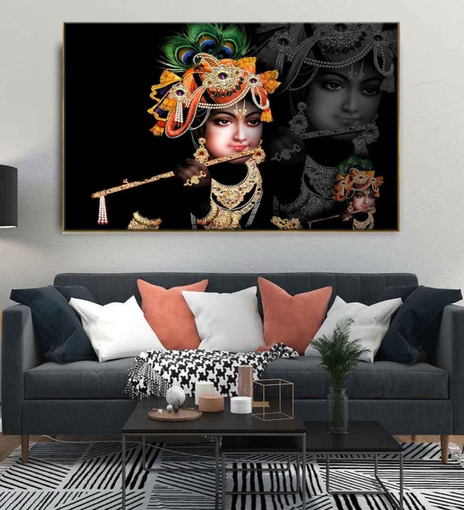 Krishna With Flute Floating Multicolour Canvas Art Print