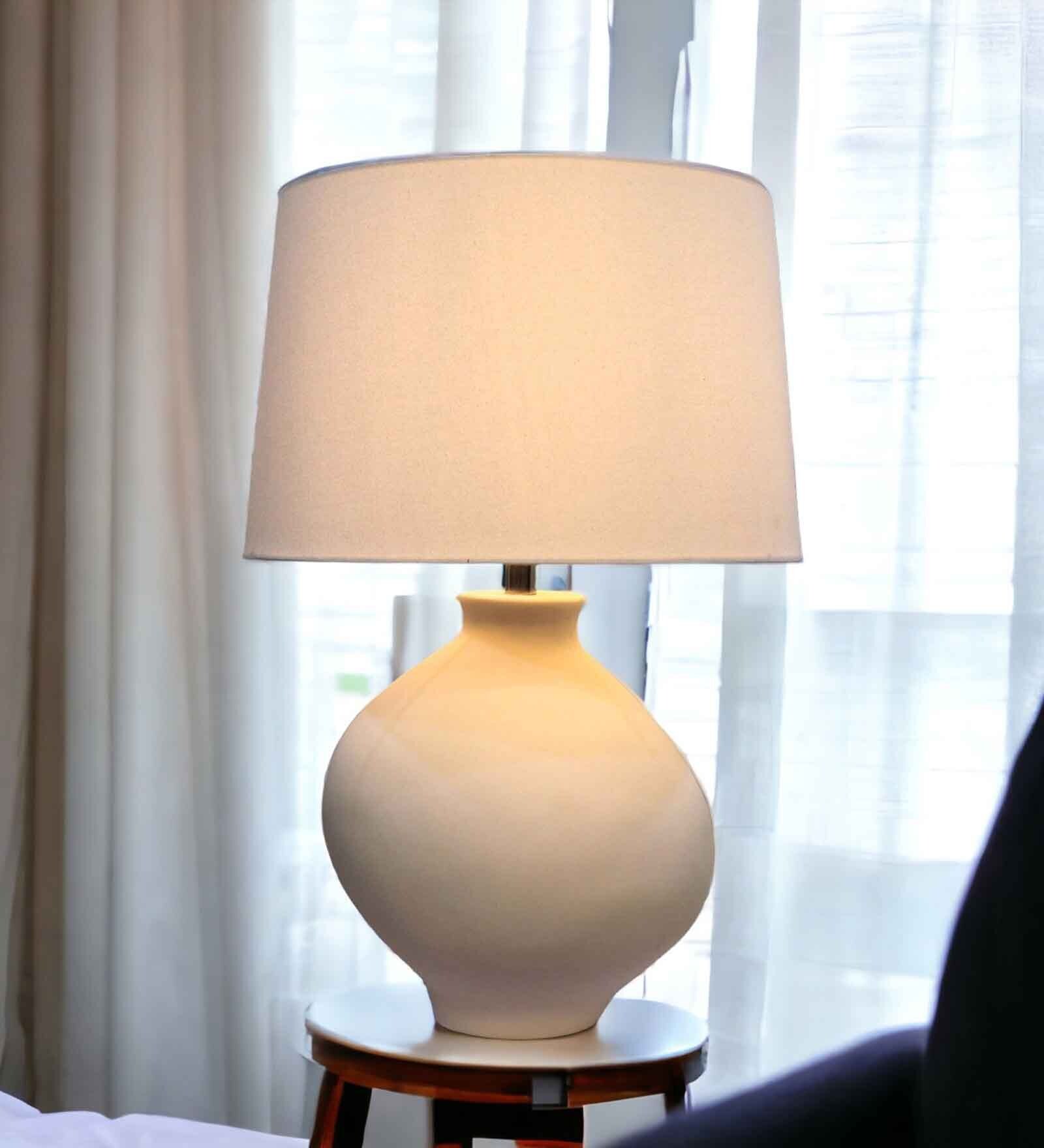 Krug Ceramic White Table Lamp with Cotton Linen Off White Shade