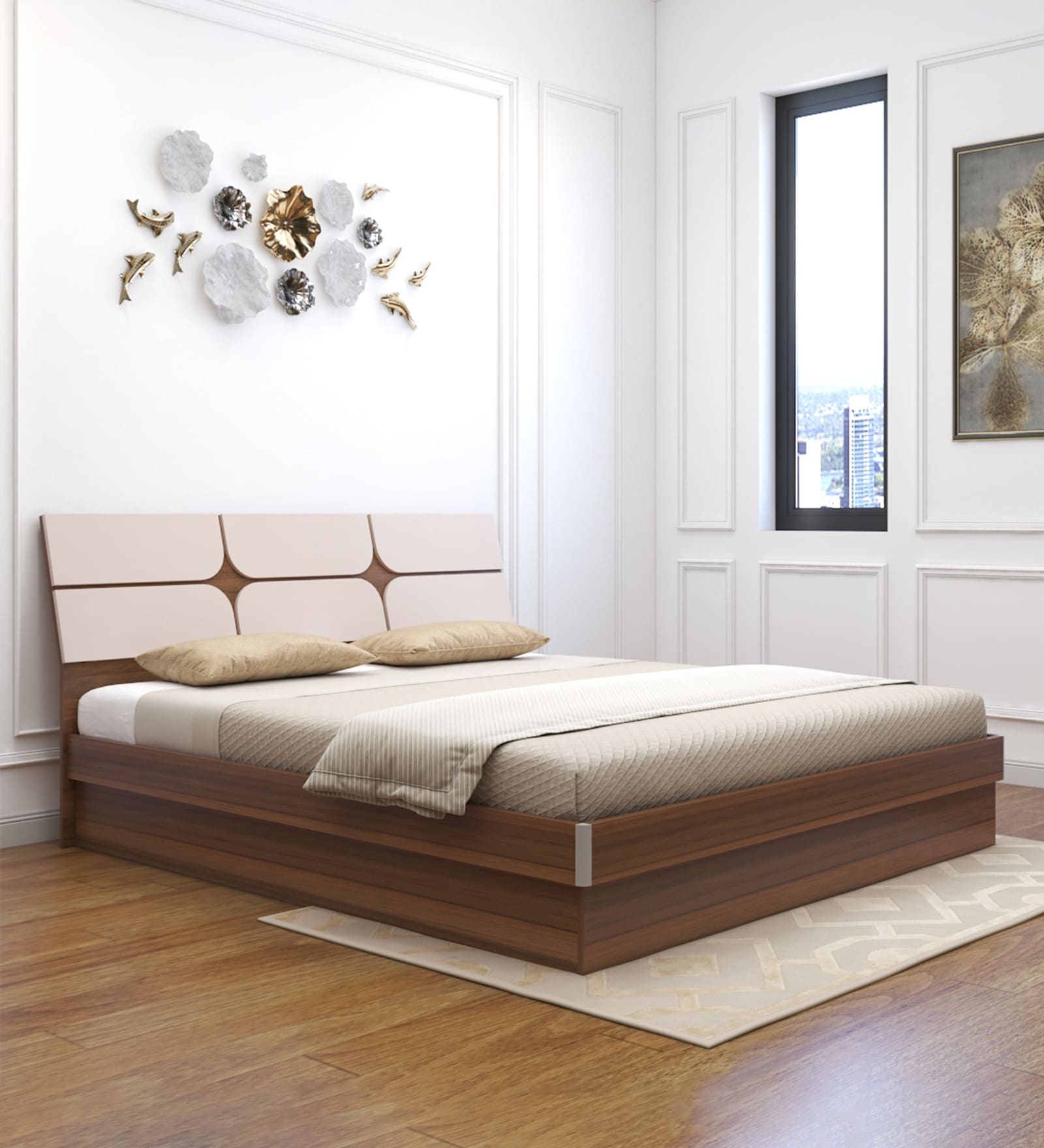 Buy Kruger King Size Bed in Teak Finish with Hydraulic Storage at 16