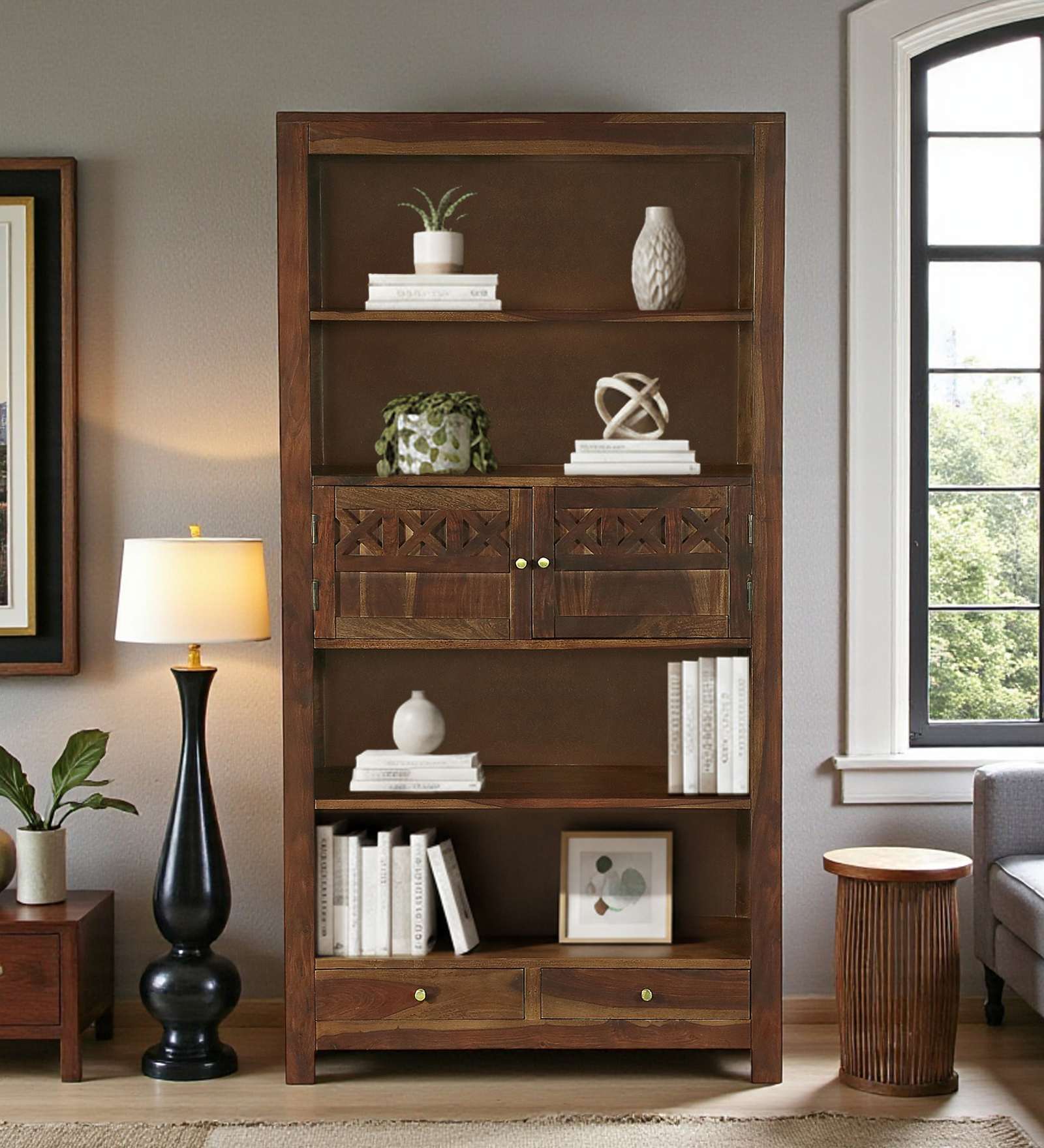 Kryss N Sheesham Wood Bookshelf In Scratch Resistant Provincial Teak Finish