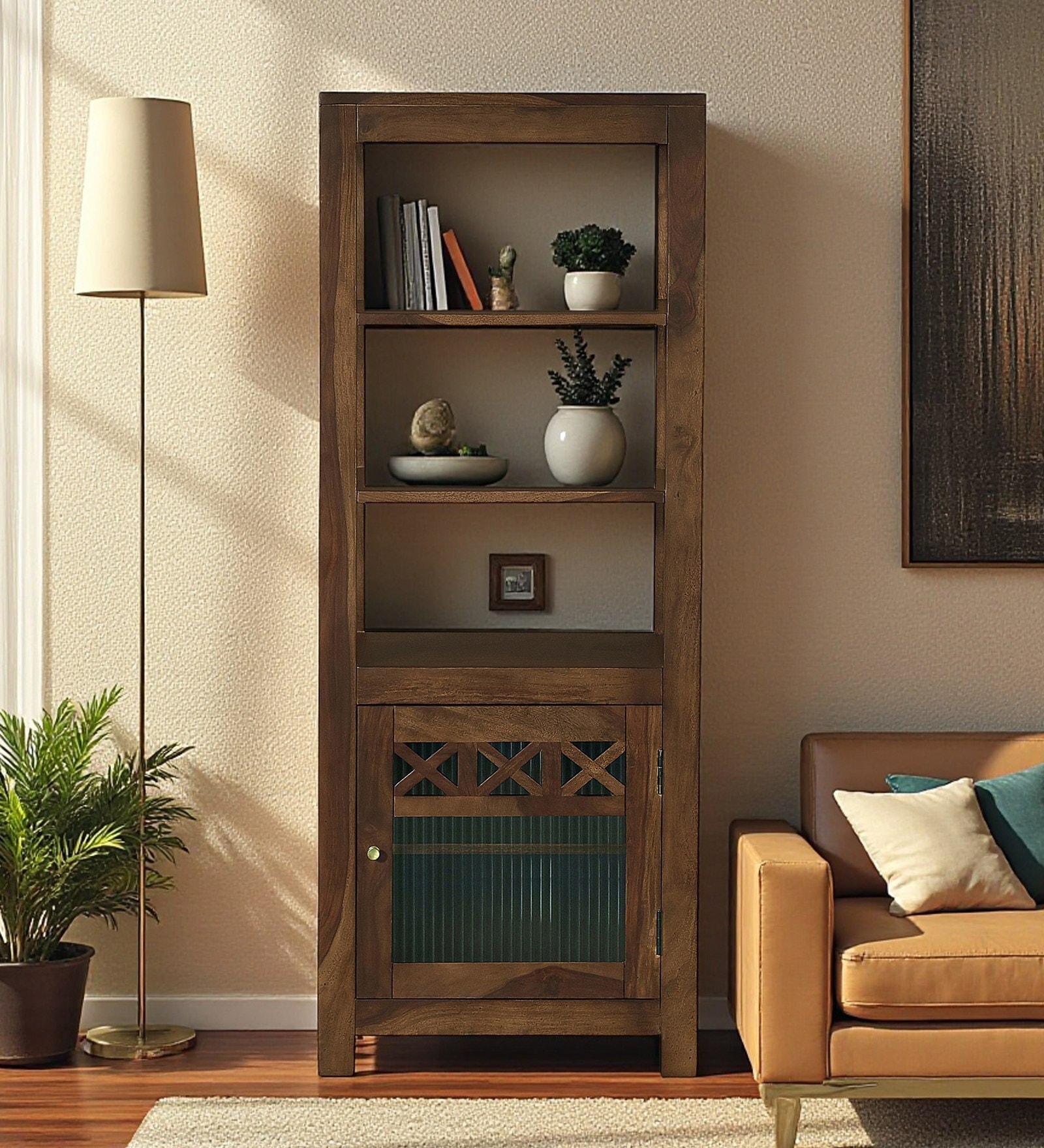 Kryss N Sheesham Wood Tall Bookshelf In Scratch Resistant Provincial Teak Finish