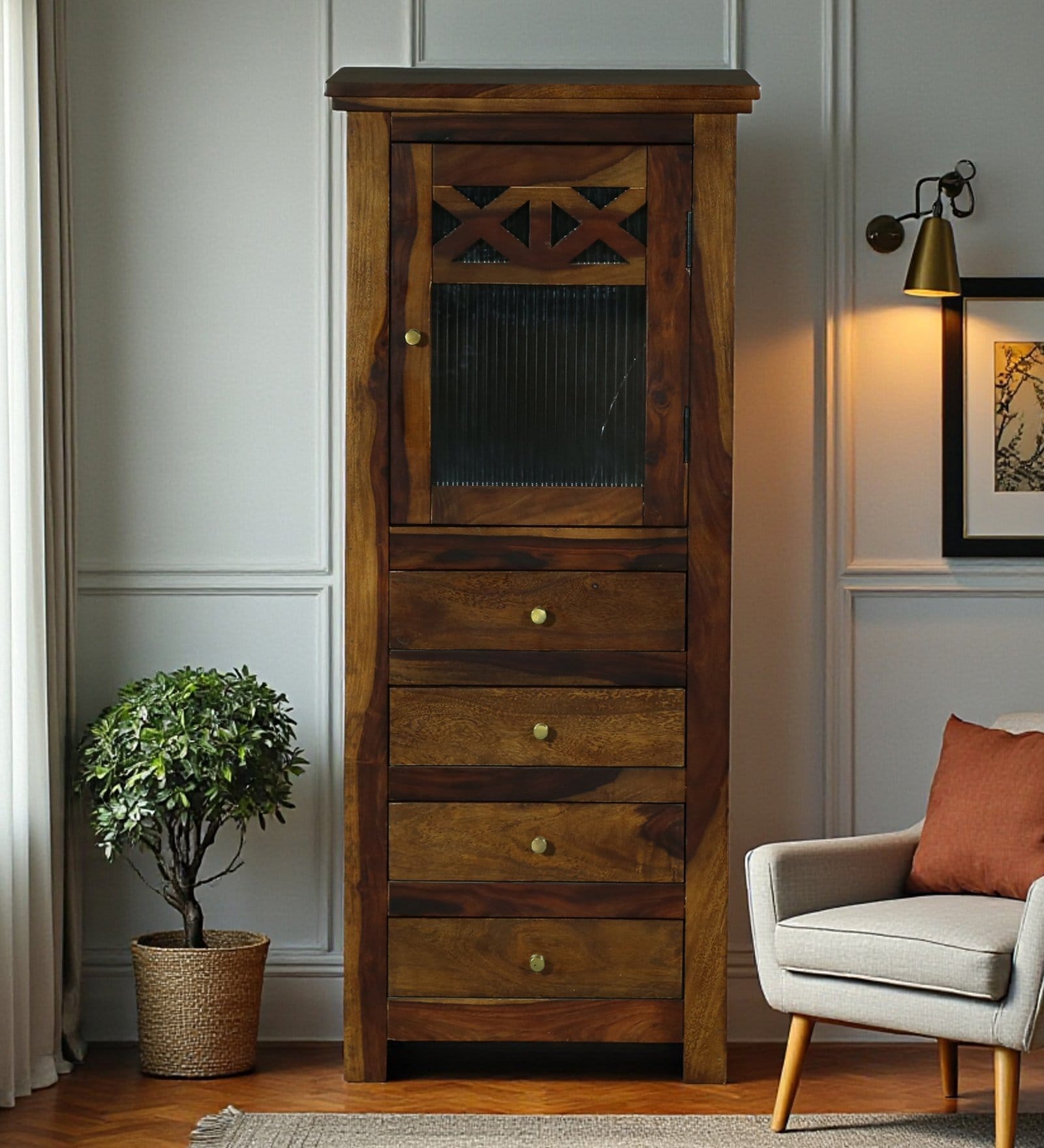 Kryss N Sheesham Wood Tall Cabinet In Scratch Resistant  Provincial Teak Finish