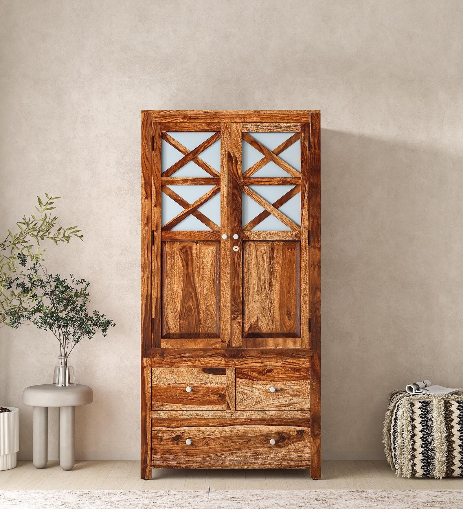 Kryss Sheesham Wood 2 Door Wardrobe In Scratch Resistant Rustic Teak Finish With Drawer