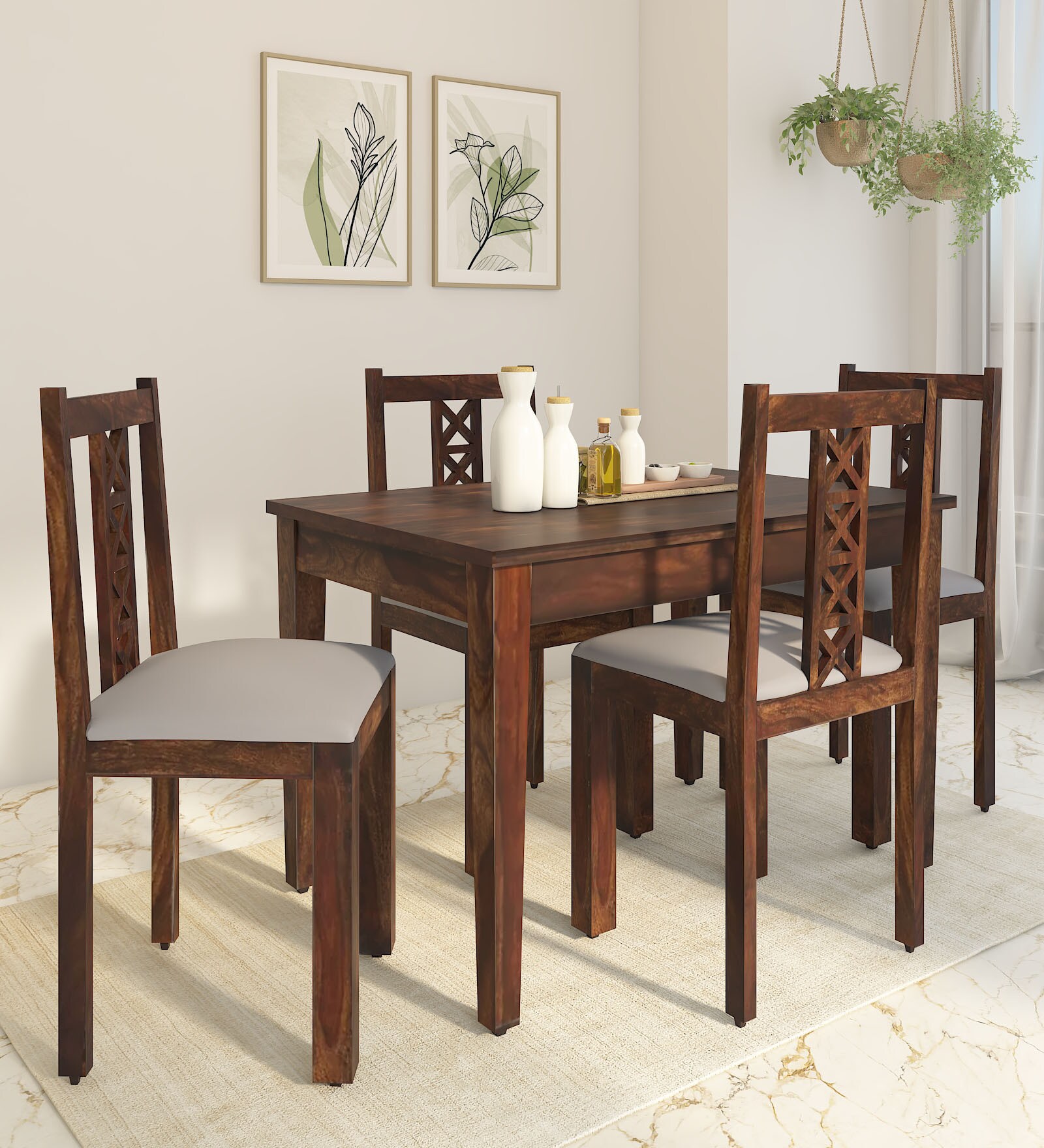 Kryss Sheesham Wood 4 Seater Dining Set in Scratch Resistant Provincial Teak Finish