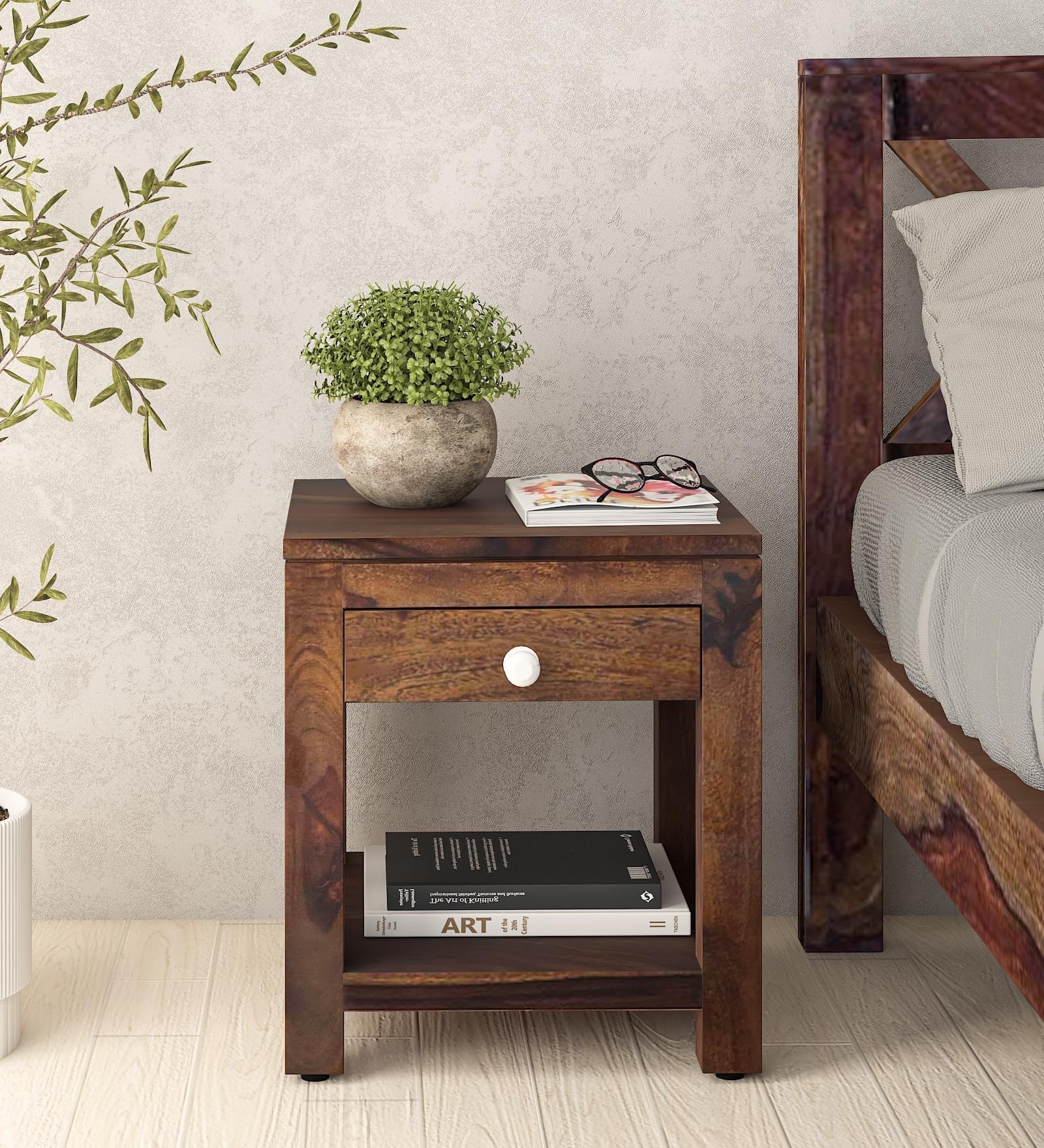 Kryss Sheesham Wood Bedside Table In Provincial Teak Finish With Drawer