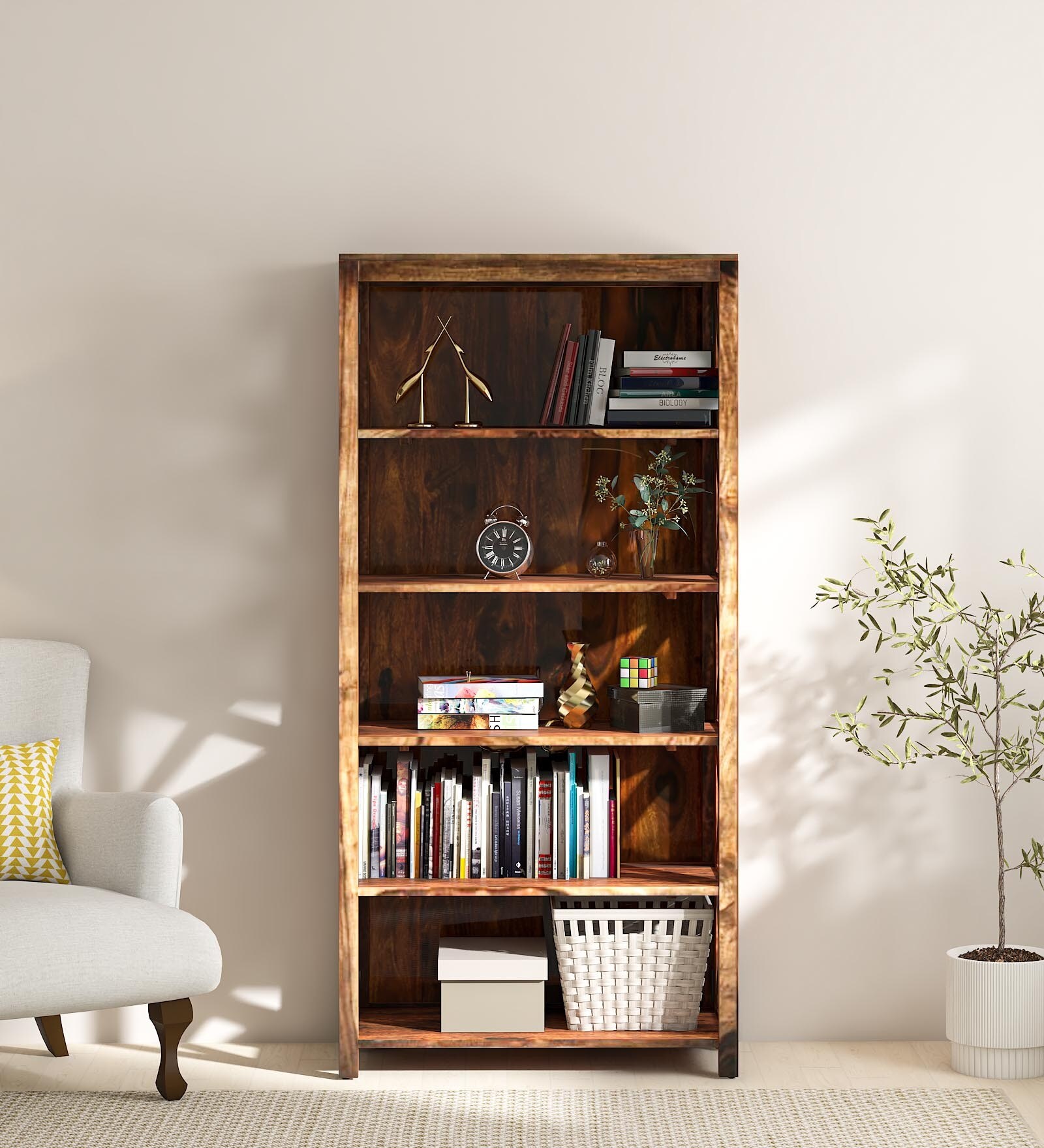 Kryss Sheesham Wood Book Shelf in Scratch Resistant Rustic Teak Finish