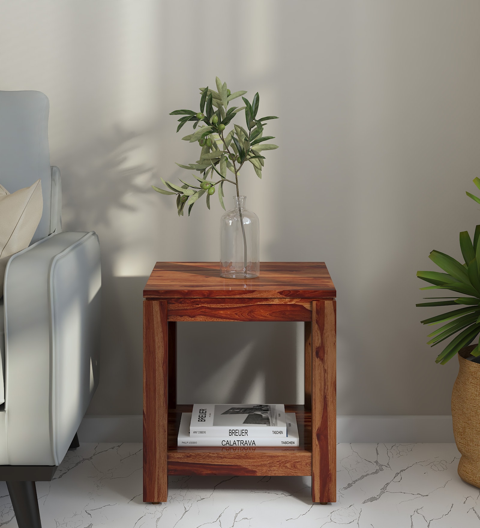 Kryss Sheesham Wood End Table In Scratch Resistant Rustic Teak Finish