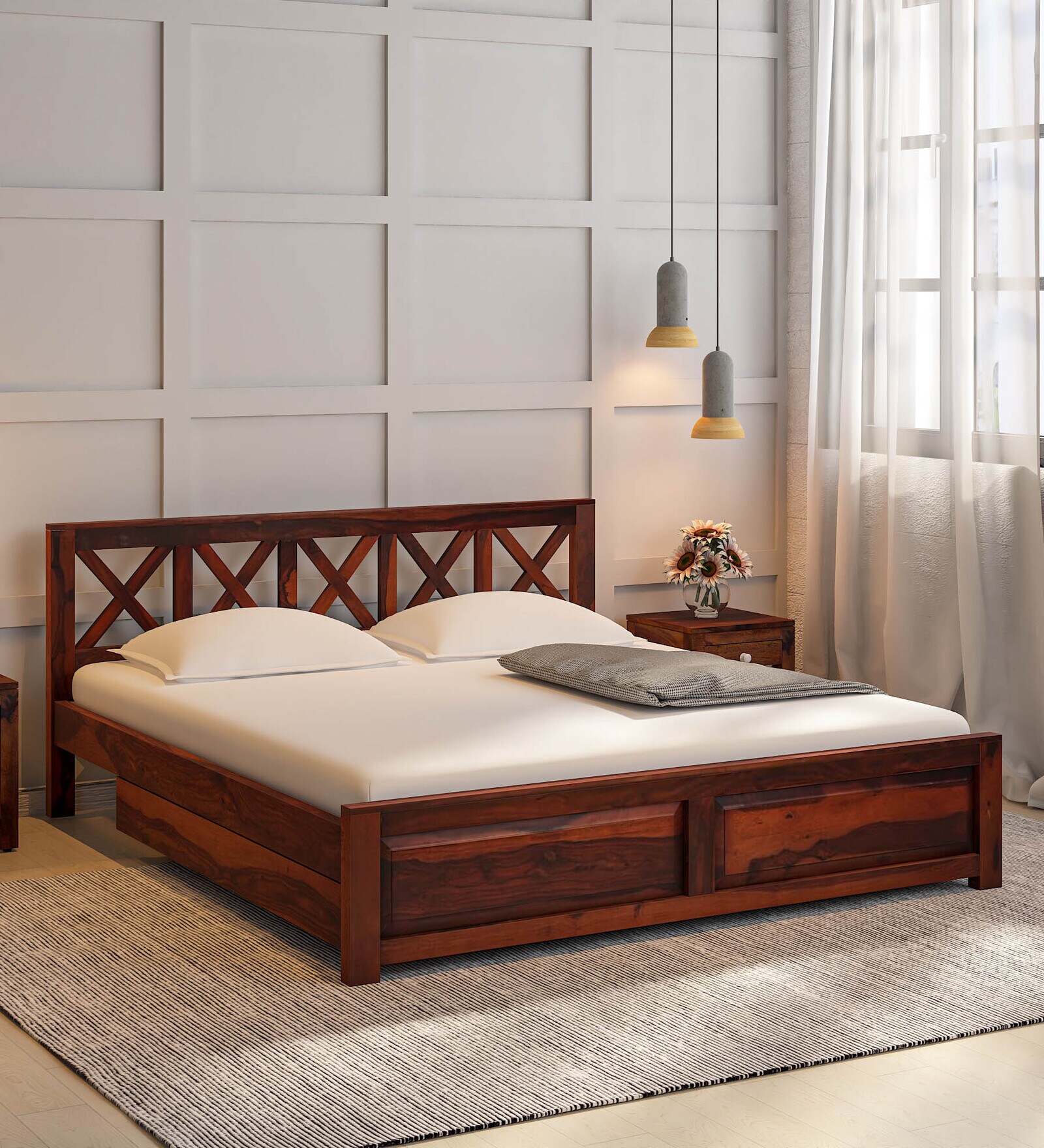 Kryss Sheesham Wood King Size Bed in Scratch Resistant Honey Oak Finish With Drawer Storage