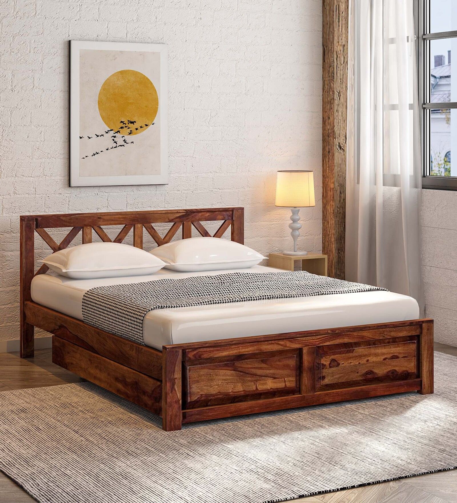 Buy Kryss Sheesham Wood Queen Size Bed In Scratch Resistant Provincial Teak Finish With Drawer 