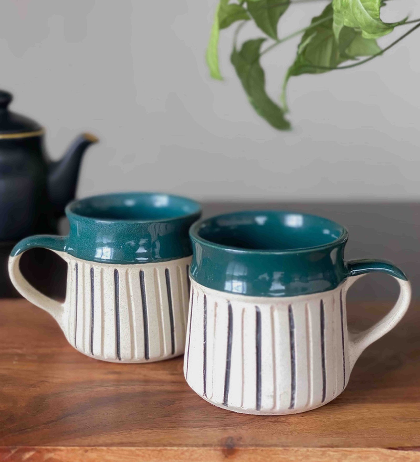 Krystal Kaves 200ml White & Teal Blue Ceramic (Set of 2) Tea Cups