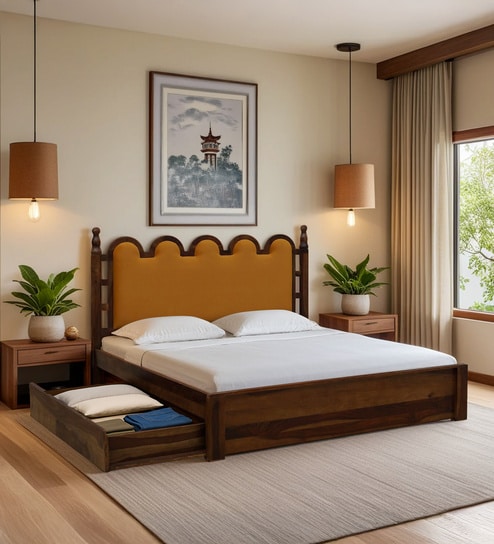 Kratu Sheesham Queen Size Bed In Provincial Teak Finish With Drawer Storage
