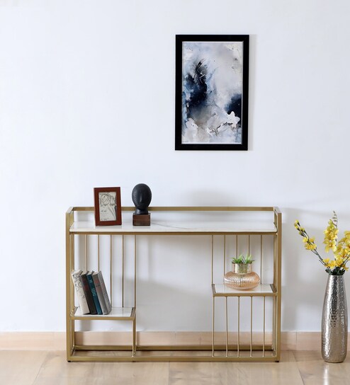 Krenz Metal Console Table In Gold Finish With Porcelain Top